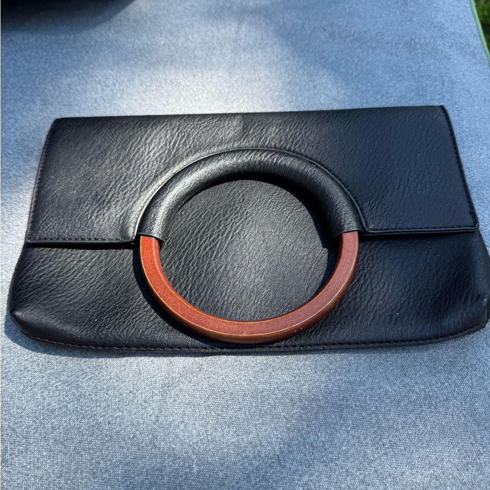 BP. Black Leather Clutch with Brown Accent Handle